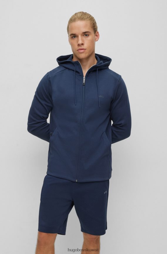 4TFNJN1010 أزرق غامق Hugo Boss هوغو سويت شيرت بغطاء رأس بسحاب من القطن العضوي مع شعار باللون الأزرق الداكن