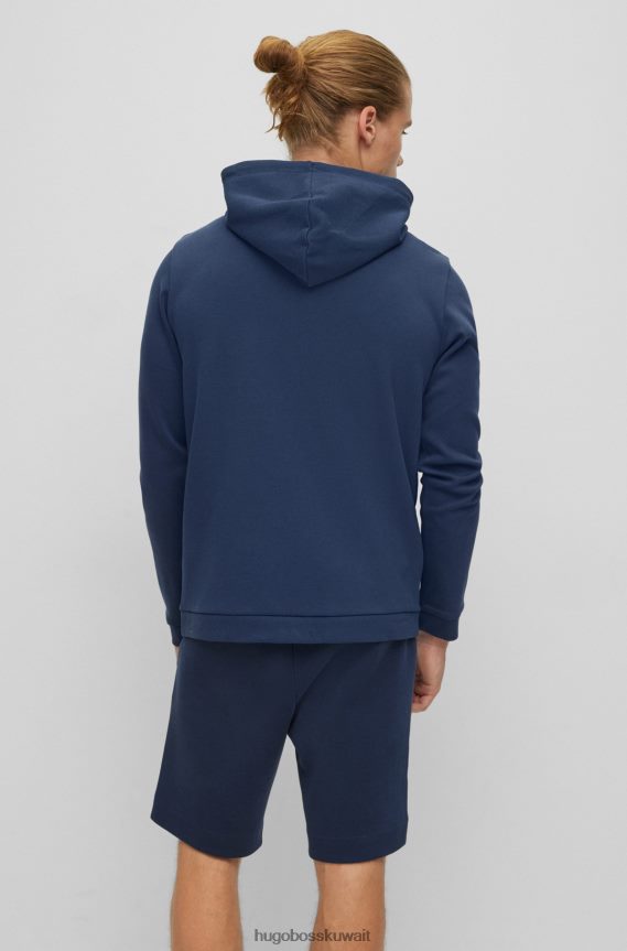 4TFNJN1010 أزرق غامق Hugo Boss هوغو سويت شيرت بغطاء رأس بسحاب من القطن العضوي مع شعار باللون الأزرق الداكن