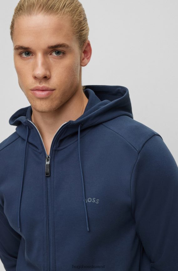 4TFNJN1010 أزرق غامق Hugo Boss هوغو سويت شيرت بغطاء رأس بسحاب من القطن العضوي مع شعار باللون الأزرق الداكن