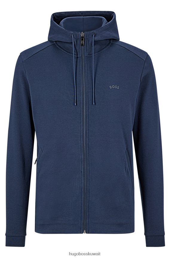 4TFNJN1010 أزرق غامق Hugo Boss هوغو سويت شيرت بغطاء رأس بسحاب من القطن العضوي مع شعار باللون الأزرق الداكن