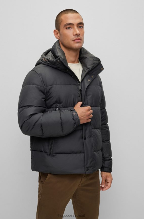 4TFNJN1020 أسود Hugo Boss جاكيت منتفخ بغطاء رأس وطارد للماء مع رقعة شعار باللون الأسود من Hugo