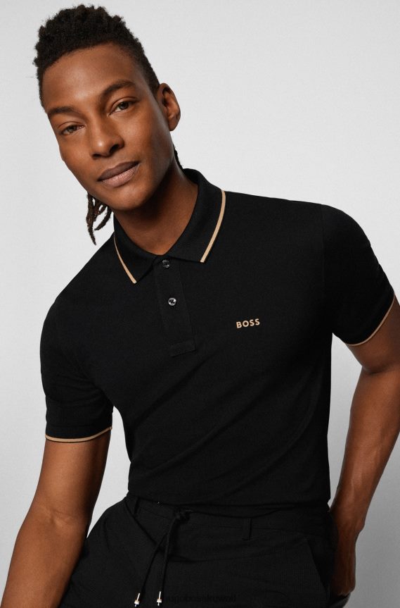 4TFNJN1023 أسود Hugo Boss قميص بولو بقصة ضيقة مع شعار هوغو تحت الياقة باللون الأسود