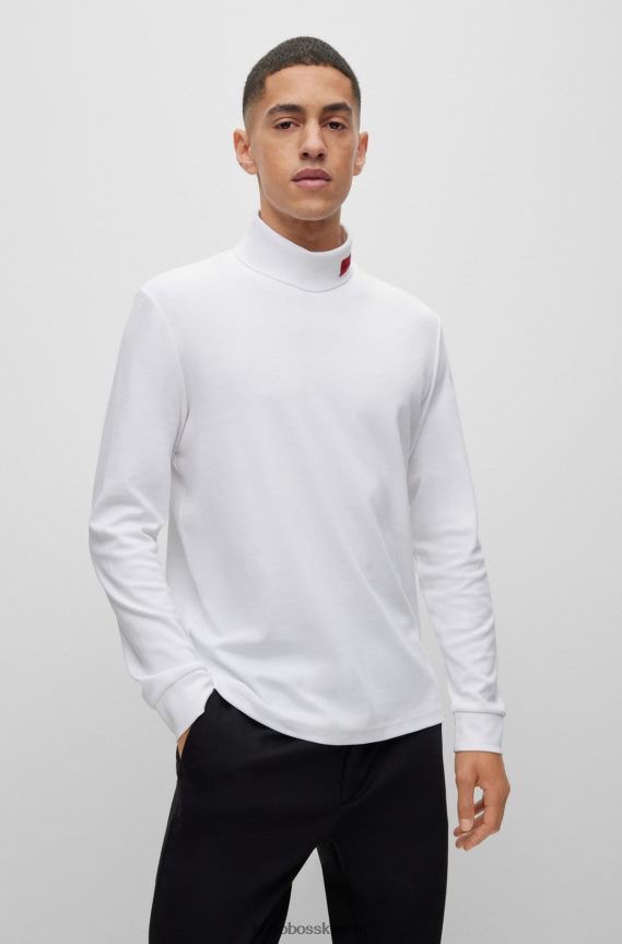 4TFNJN1028 أبيض Hugo Boss تي شيرت أبيض بأكمام طويلة وقصة ضيقة مع شعار Hugo باللون الأحمر