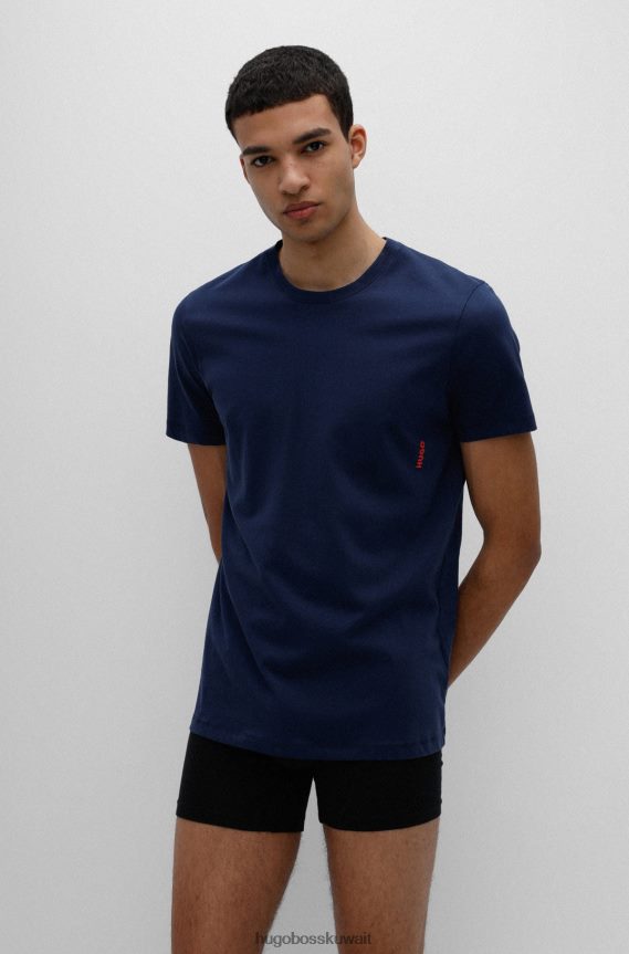 4TFNJN1033 أبيض/أزرق داكن Hugo Boss حزمة من قطعتين من تيشيرتات الملابس الداخلية القطنية مع شعار عمودي باللون الأبيض