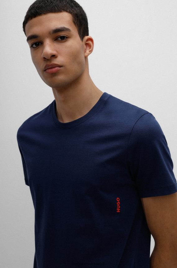 4TFNJN1033 أبيض/أزرق داكن Hugo Boss حزمة من قطعتين من تيشيرتات الملابس الداخلية القطنية مع شعار عمودي باللون الأبيض