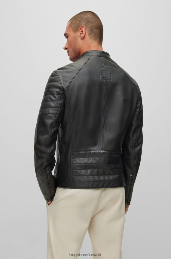 4TFNJN1049 أسود Hugo Boss سترة هوغو سوداء ضيقة من جلد الحمل مع تفاصيل مبطنة