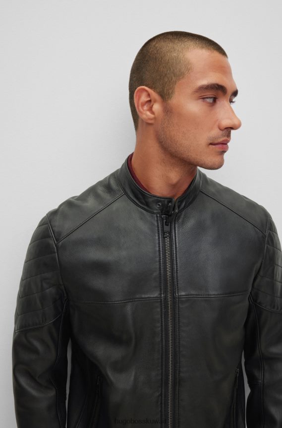 4TFNJN1049 أسود Hugo Boss سترة هوغو سوداء ضيقة من جلد الحمل مع تفاصيل مبطنة