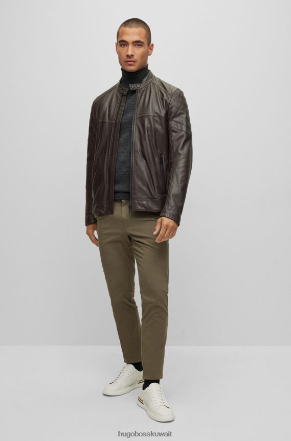 4TFNJN1050 بني غامق Hugo Boss سترة Hugo ضيقة من جلد الحمل مع تفاصيل مبطنة باللون البني الداكن