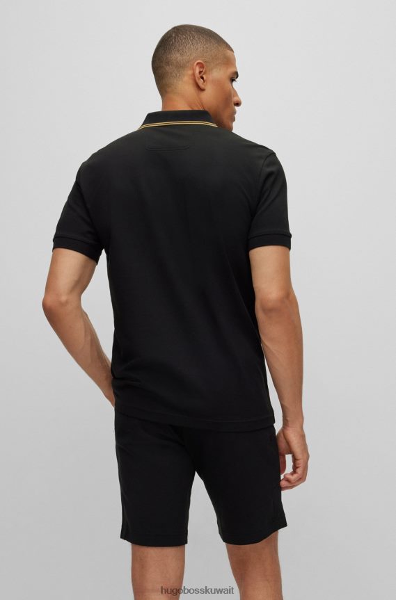 4TFNJN1051 أسود Hugo Boss قميص بولو بقصة ضيقة مع فتحة تحمل العلامة التجارية هوغو باللون الأسود