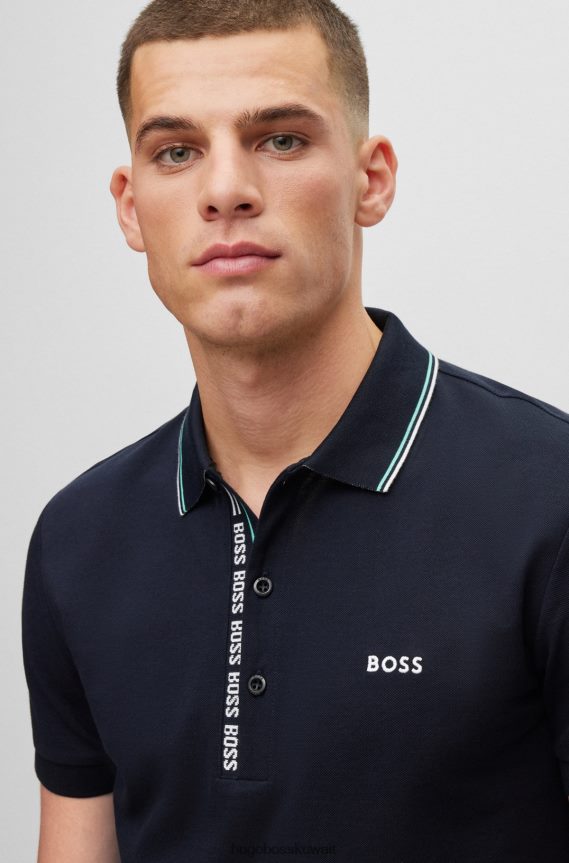 4TFNJN1053 أزرق غامق Hugo Boss قميص بولو بقصة ضيقة مع فتحة تحمل العلامة التجارية هوغو باللون الأزرق الداكن