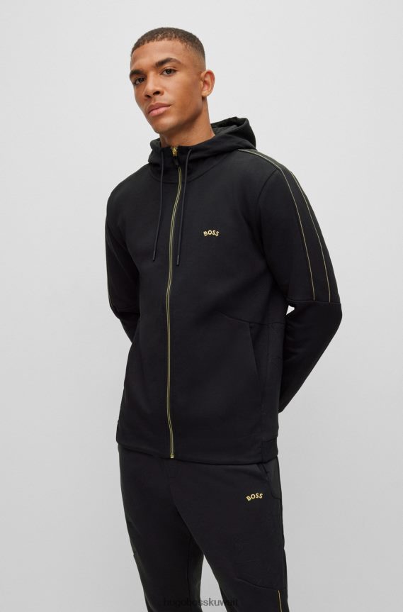 4TFNJN1063 أسود Hugo Boss هودي من مزيج القطن بسحاب مع عمل فني شبكي باللون الأسود