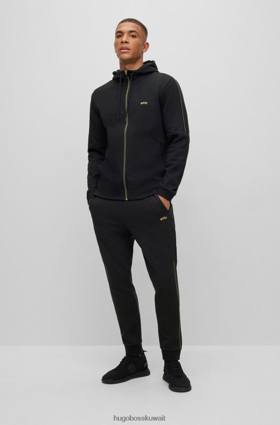 4TFNJN1063 أسود Hugo Boss هودي من مزيج القطن بسحاب مع عمل فني شبكي باللون الأسود