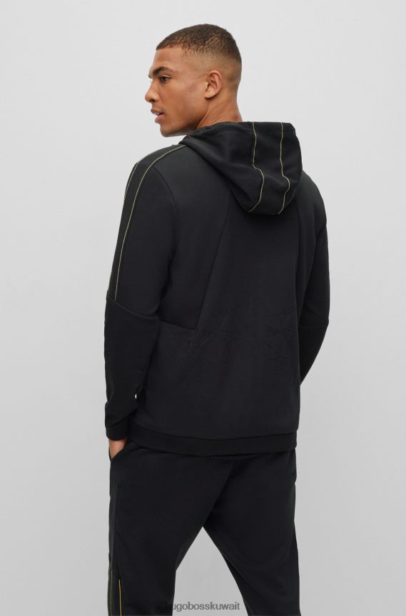 4TFNJN1063 أسود Hugo Boss هودي من مزيج القطن بسحاب مع عمل فني شبكي باللون الأسود