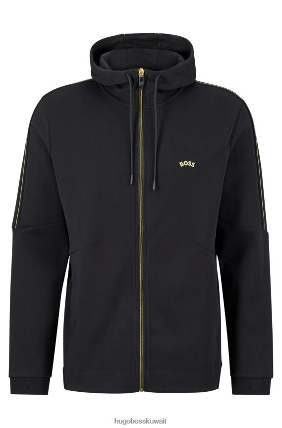 4TFNJN1063 أسود Hugo Boss هودي من مزيج القطن بسحاب مع عمل فني شبكي باللون الأسود