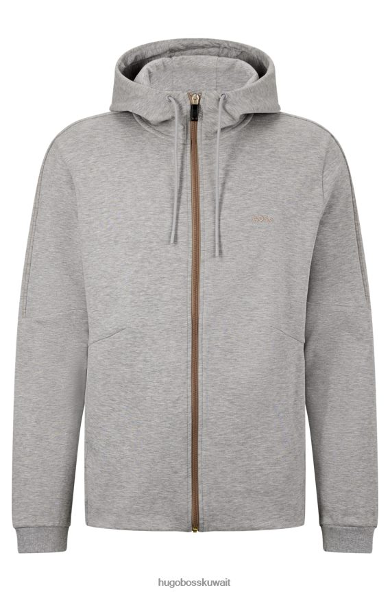 4TFNJN1064 رمادي فاتح Hugo Boss سترة بغطاء رأس بسحاب من مزيج القطن باللون الرمادي الفاتح مع عمل فني شبكي