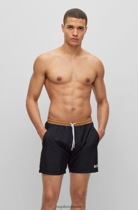 4TFNJN1082 أسود Hugo Boss شورت سباحة أسود بشعار متباين مصنوع من مادة هوغو المعاد تدويرها