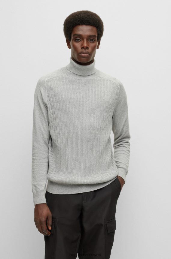 4TFNJN1089 رمادي فاتح Hugo Boss سترة مضلعة بياقة مطوية من القطن والكشمير هوغو باللون الرمادي الفاتح