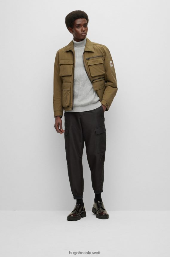 4TFNJN1089 رمادي فاتح Hugo Boss سترة مضلعة بياقة مطوية من القطن والكشمير هوغو باللون الرمادي الفاتح