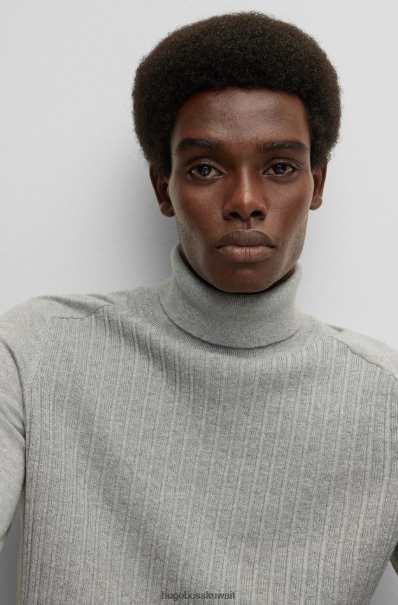 4TFNJN1089 رمادي فاتح Hugo Boss سترة مضلعة بياقة مطوية من القطن والكشمير هوغو باللون الرمادي الفاتح