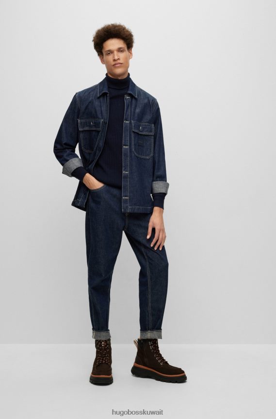 4TFNJN1090 أزرق غامق Hugo Boss سترة هوغو مضلعة بياقة مطوية باللون الأزرق الداكن من القطن والكشمير