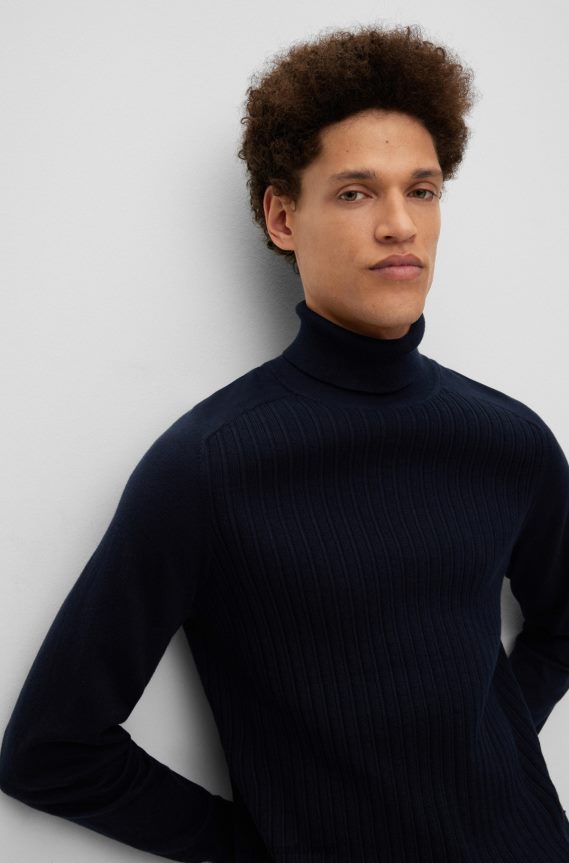 4TFNJN1090 أزرق غامق Hugo Boss سترة هوغو مضلعة بياقة مطوية باللون الأزرق الداكن من القطن والكشمير