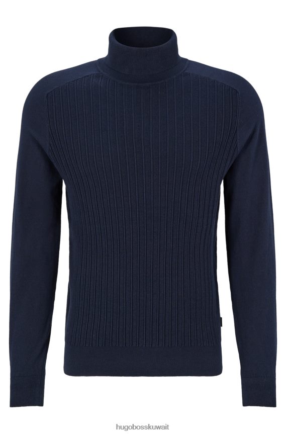 4TFNJN1090 أزرق غامق Hugo Boss سترة هوغو مضلعة بياقة مطوية باللون الأزرق الداكن من القطن والكشمير