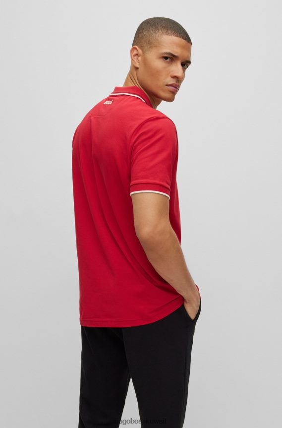 4TFNJN1095 أحمر Hugo Boss قميص بولو من مزيج القطن مع تفاصيل متباينة باللون الأحمر