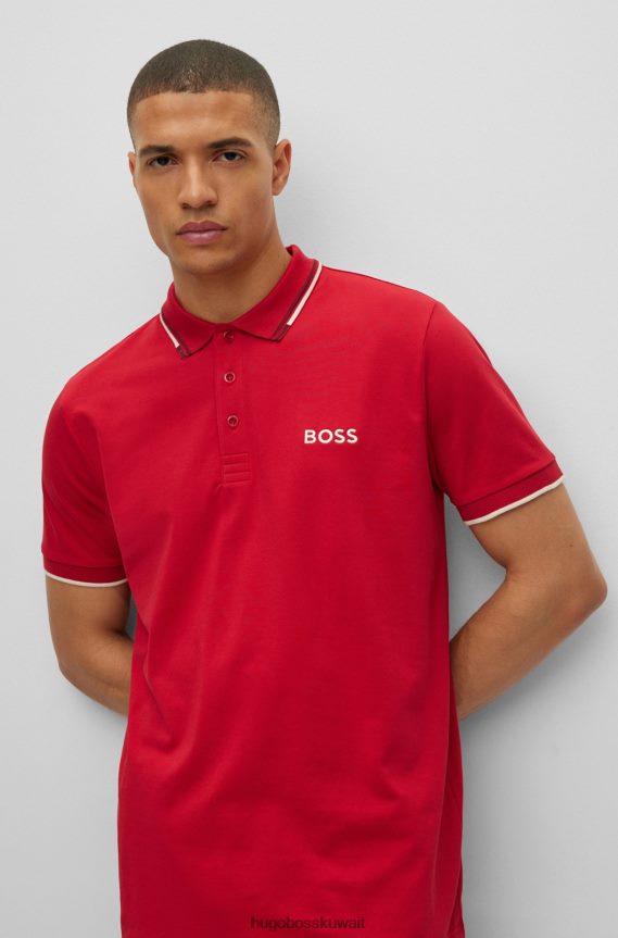 4TFNJN1095 أحمر Hugo Boss قميص بولو من مزيج القطن مع تفاصيل متباينة باللون الأحمر