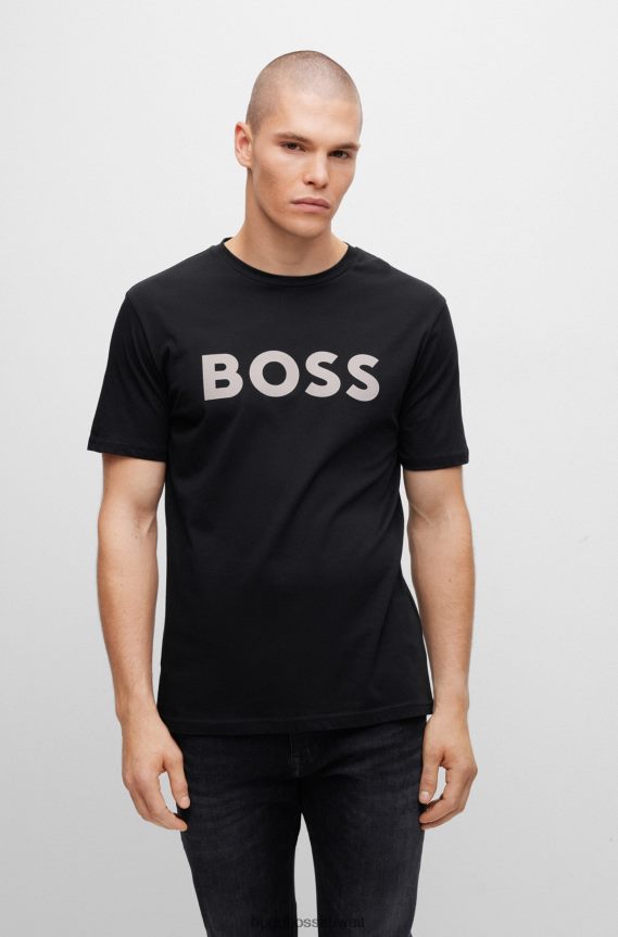 4TFNJN1105 أسود Hugo Boss تي شيرت من الجيرسي القطني مع شعار مطاطي مطبوع باللون الأسود