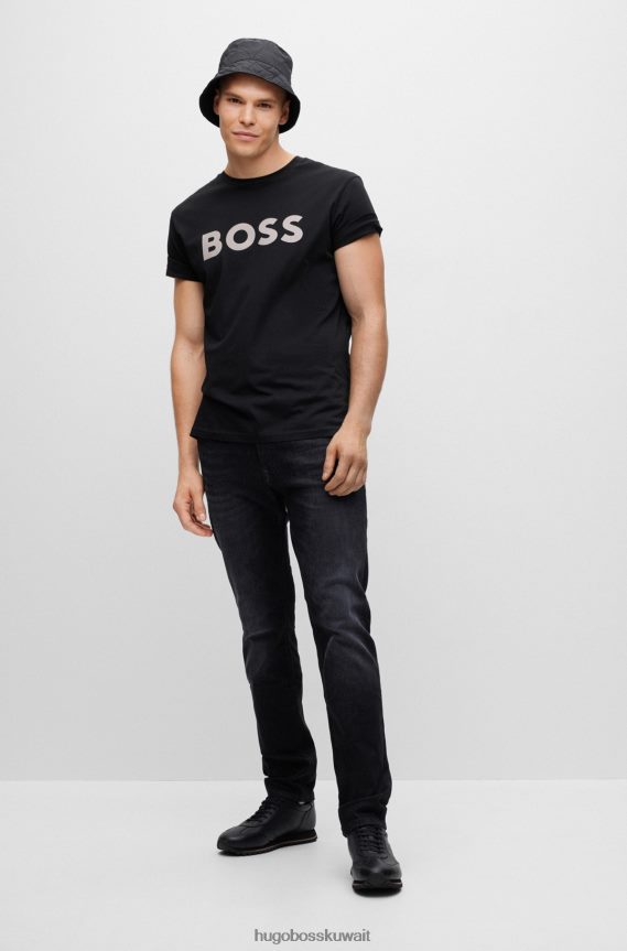4TFNJN1105 أسود Hugo Boss تي شيرت من الجيرسي القطني مع شعار مطاطي مطبوع باللون الأسود
