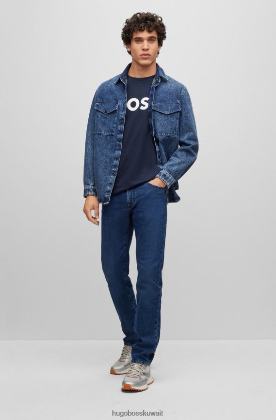 4TFNJN1107 أزرق غامق Hugo Boss تي شيرت من الجيرسي القطني مع شعار هوغو بطبعة مطاطية باللون الأزرق الداكن