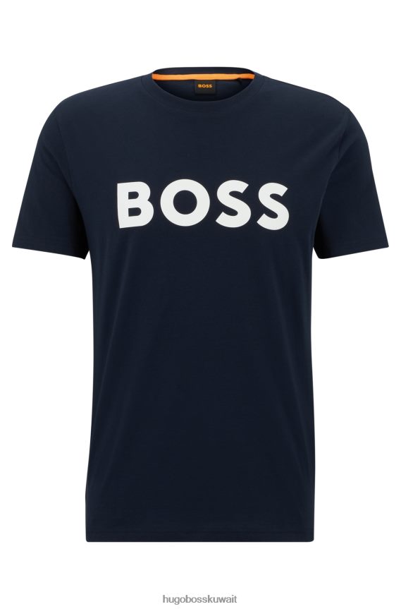 4TFNJN1107 أزرق غامق Hugo Boss تي شيرت من الجيرسي القطني مع شعار هوغو بطبعة مطاطية باللون الأزرق الداكن