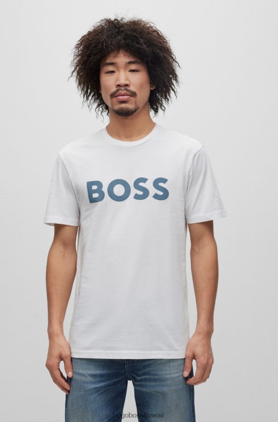 4TFNJN1110 أبيض Hugo Boss تيشيرت هوغو من الجيرسي القطني مع شعار مطبوع بالمطاط باللون الأبيض
