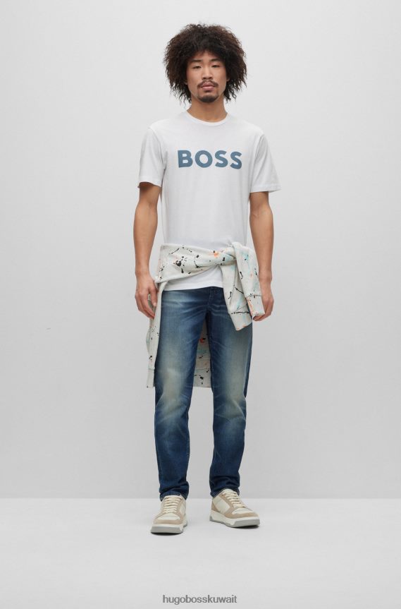 4TFNJN1110 أبيض Hugo Boss تيشيرت هوغو من الجيرسي القطني مع شعار مطبوع بالمطاط باللون الأبيض