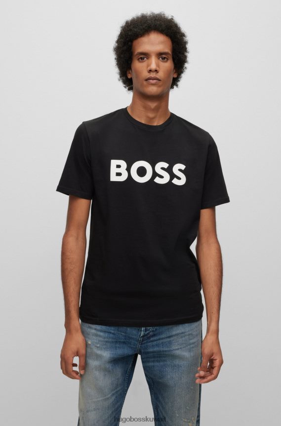 4TFNJN1113 أسود Hugo Boss تي شيرت من الجيرسي القطني مع شعار هوغو بطبعة مطاطية باللون الأسود