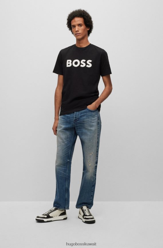 4TFNJN1113 أسود Hugo Boss تي شيرت من الجيرسي القطني مع شعار هوغو بطبعة مطاطية باللون الأسود
