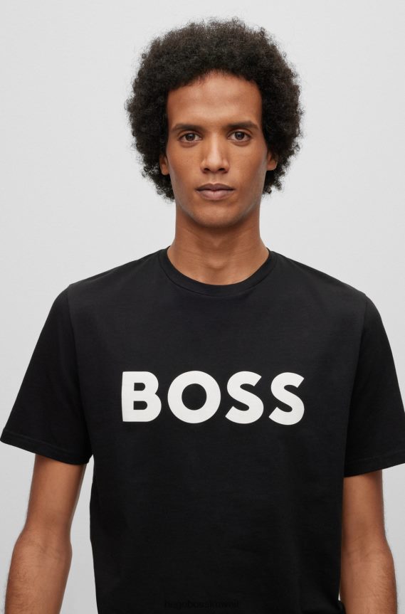 4TFNJN1113 أسود Hugo Boss تي شيرت من الجيرسي القطني مع شعار هوغو بطبعة مطاطية باللون الأسود