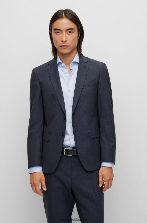 4TFNJN1119 أزرق غامق Hugo Boss بدلة ضيقة مصنوعة من قماش هوغو ثنائي التمدد بنمط دقيق باللون الأزرق الداكن