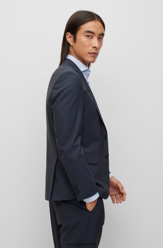 4TFNJN1119 أزرق غامق Hugo Boss بدلة ضيقة مصنوعة من قماش هوغو ثنائي التمدد بنمط دقيق باللون الأزرق الداكن