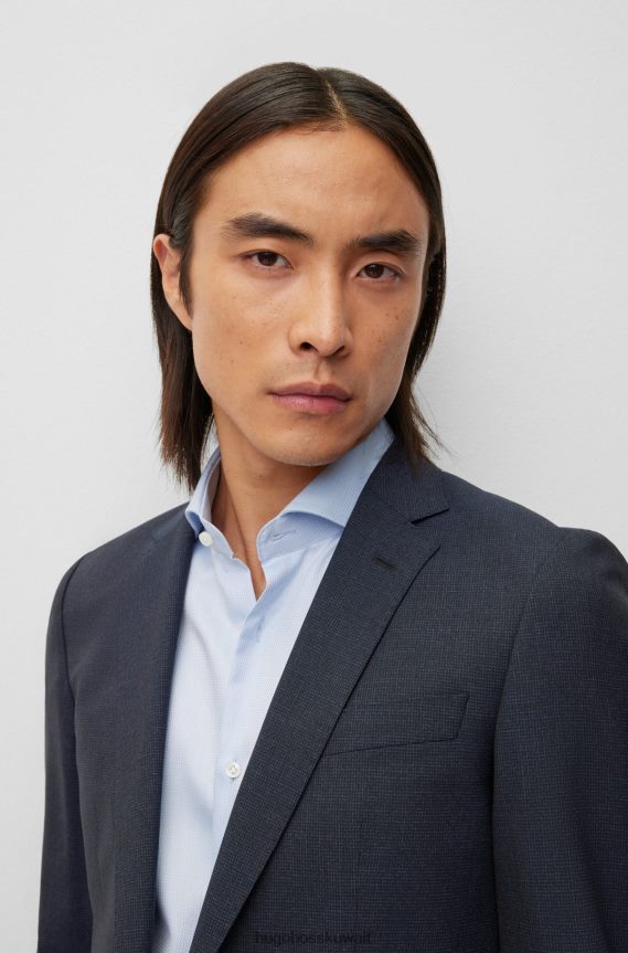 4TFNJN1119 أزرق غامق Hugo Boss بدلة ضيقة مصنوعة من قماش هوغو ثنائي التمدد بنمط دقيق باللون الأزرق الداكن