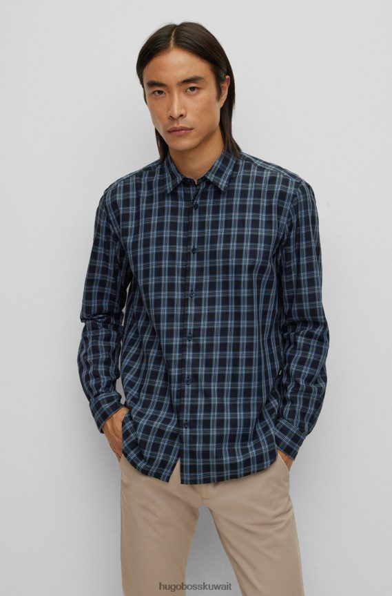 4TFNJN1133 أزرق غامق Hugo Boss قميص هوغو ذو قصة عادية باللون الأزرق الداكن مصنوع من نسيج قطني طويل مربعات