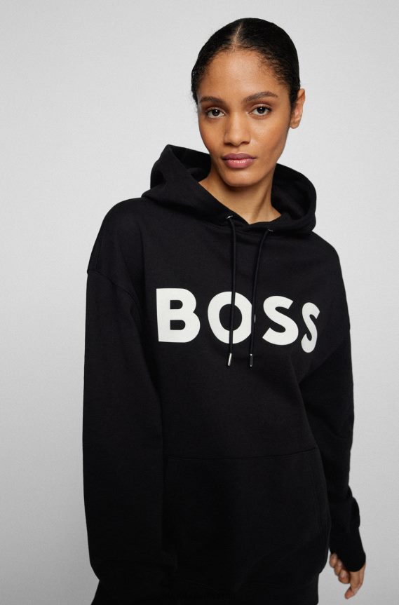 4TFNJN1150 أسود Hugo Boss سويت شيرت هوغو أسود بغطاء رأس من القطن العضوي مع شعار متباين