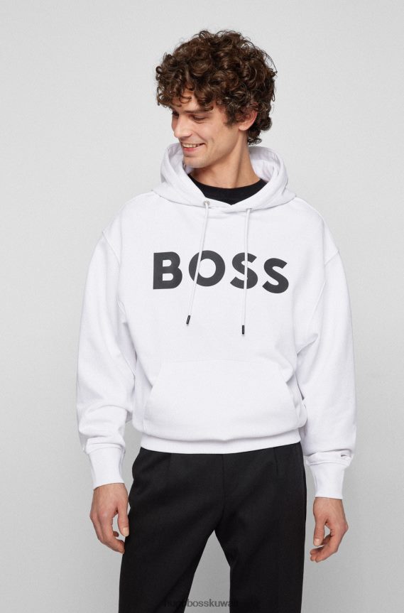 4TFNJN1152 أبيض Hugo Boss هوغو سويت شيرت بغطاء رأس من القطن العضوي مع شعار متباين باللون الأبيض