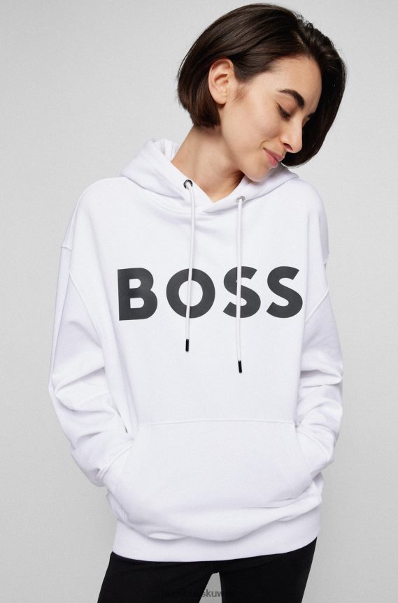 4TFNJN1152 أبيض Hugo Boss هوغو سويت شيرت بغطاء رأس من القطن العضوي مع شعار متباين باللون الأبيض