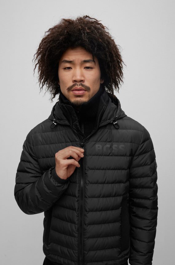 4TFNJN1153 أسود Hugo Boss سترة مقاومة للماء مع تفاصيل الشعار باللون الأسود من Hugo