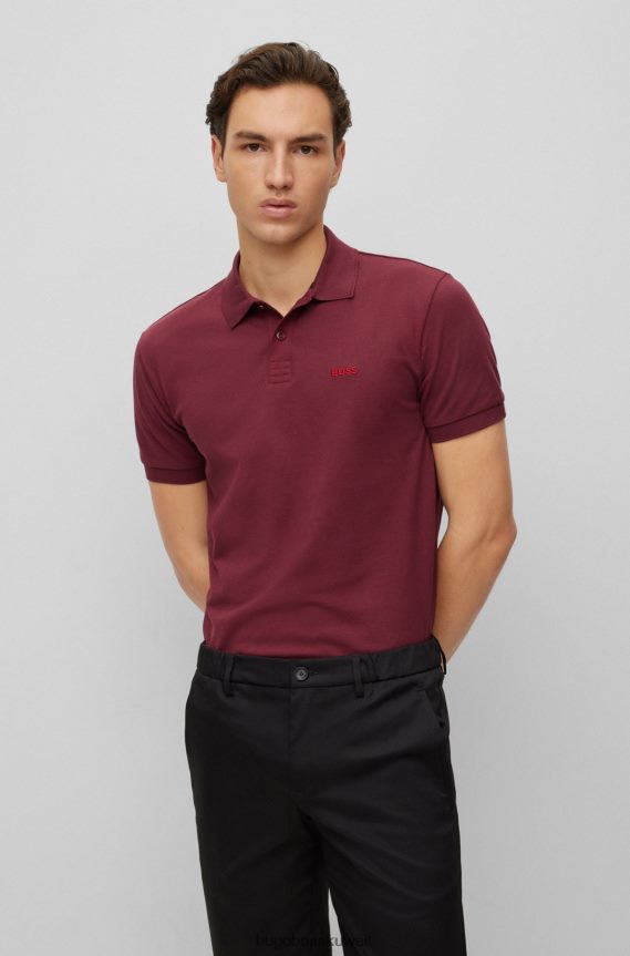 4TFNJN1157 احمر غامق Hugo Boss قميص بولو من القطن العضوي باللون الأحمر الداكن مع شعار متباين
