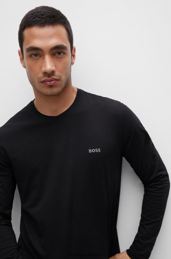4TFNJN1162 أسود Hugo Boss تيشيرت هوغو أسود من القطن المطاطي بقصة عادية مع شعار مطرز