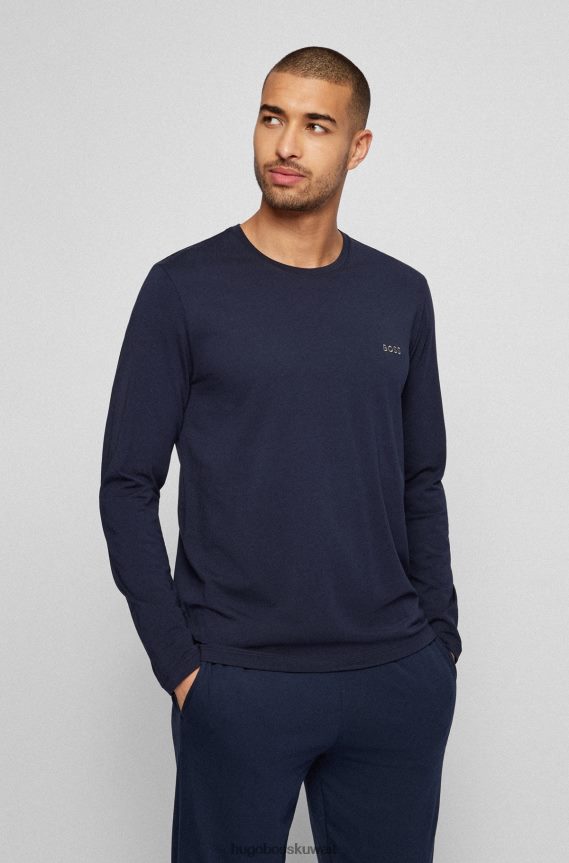 4TFNJN1163 أزرق غامق Hugo Boss تيشيرت هوغو من القطن المطاطي ذو قصة عادية باللون الأزرق الداكن مع شعار مطرز