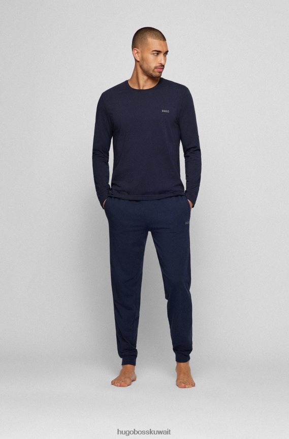 4TFNJN1163 أزرق غامق Hugo Boss تيشيرت هوغو من القطن المطاطي ذو قصة عادية باللون الأزرق الداكن مع شعار مطرز