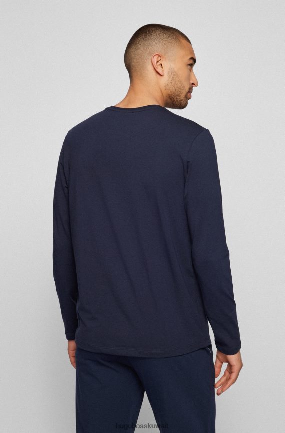 4TFNJN1163 أزرق غامق Hugo Boss تيشيرت هوغو من القطن المطاطي ذو قصة عادية باللون الأزرق الداكن مع شعار مطرز